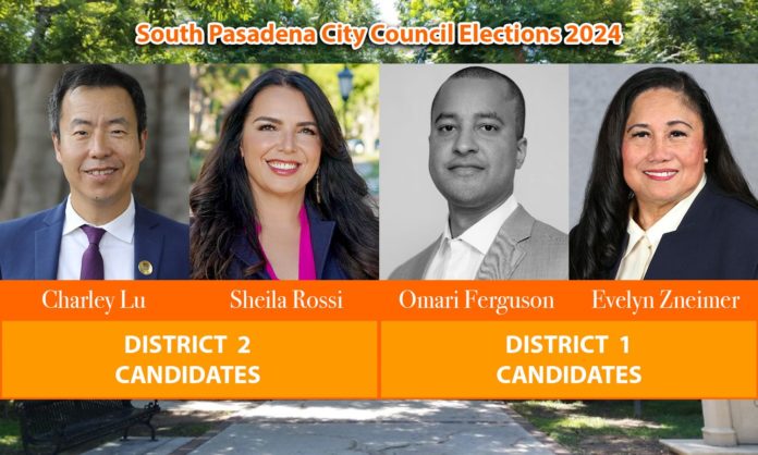 Elections South Pasadena City Council 2024 | Candidates District 1: Evelyn Zneimer & Omari Ferguson. District 2: Sheila Rossi & Charley Lu