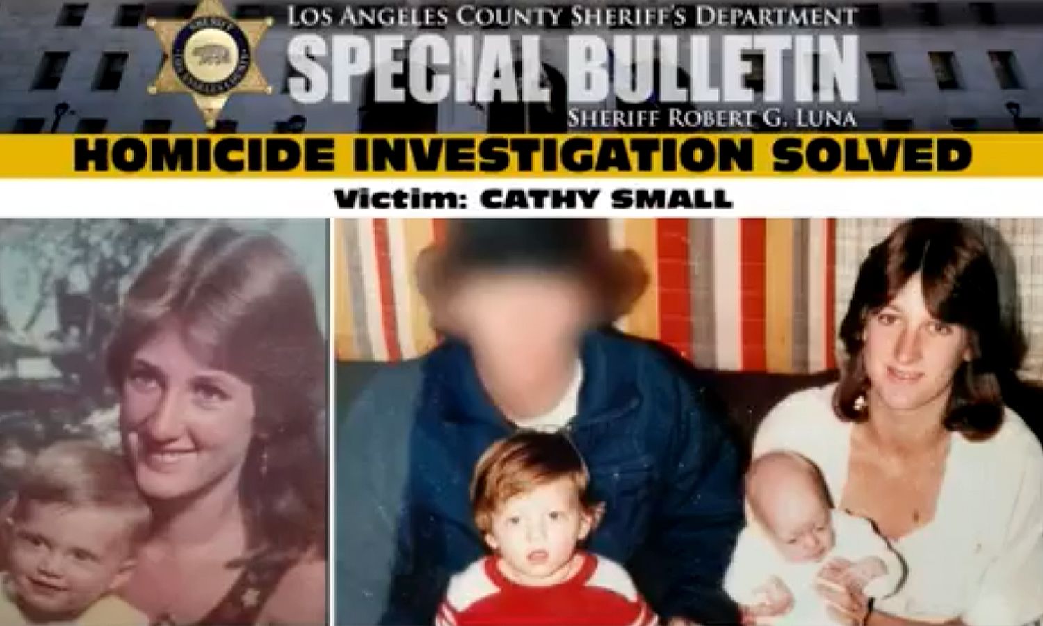 Screencap LASD Press Conference | South Pasadena Murder Case Solved | 1986 Cold Case of Cathy Small The murder occurred in February 1986 on the 800 block of Bank Street in South Pasadena.