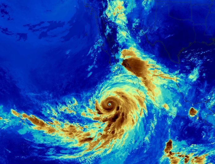 PHOTO: NASA | Satellite image of Hurricane Hilary predawn August 18. The eye of the storm was about 400 miles off the coast of Baja California.