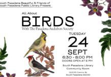 “ALL ABOUT BIRDS” | South Pasadena Beautiful Presents a Special Event with Pasadena Audubon Society All About Birds: Tuesday, September 24, 2024 6:30 PM 8:00 PM South Pasadena Library Community Room 1115 El Centro StreetSouth Pasadena