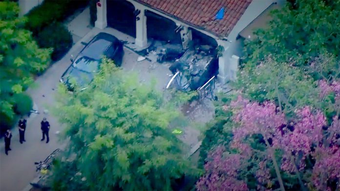 SCREENCAP: Fox 11 News LA | Police chase ends with driver losing control and crashing into South Pasadena home on Orange Grove early Friday Morning.