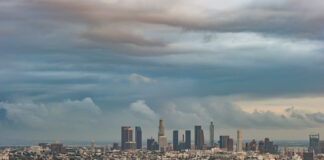 Los Angeles, humid, and hot weather after hurricane. Weather forecast report.