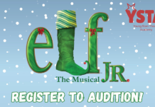 Register for Auditions! YSTA’s Holiday Production of Elf Jr. – Local Children’s Theatre South Pasadena Poster for Elf JR The Musical by Young Stars Theatre Academy with a snowy blue background 'Register to Audition!'