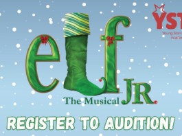 Register for Auditions! YSTA’s Holiday Production of Elf Jr. – Local Children’s Theatre South Pasadena Poster for Elf JR The Musical by Young Stars Theatre Academy with a snowy blue background 'Register to Audition!'