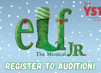 Register for Auditions! YSTA’s Holiday Production of Elf Jr. – Local Children’s Theatre South Pasadena Poster for Elf JR The Musical by Young Stars Theatre Academy with a snowy blue background 'Register to Audition!'
