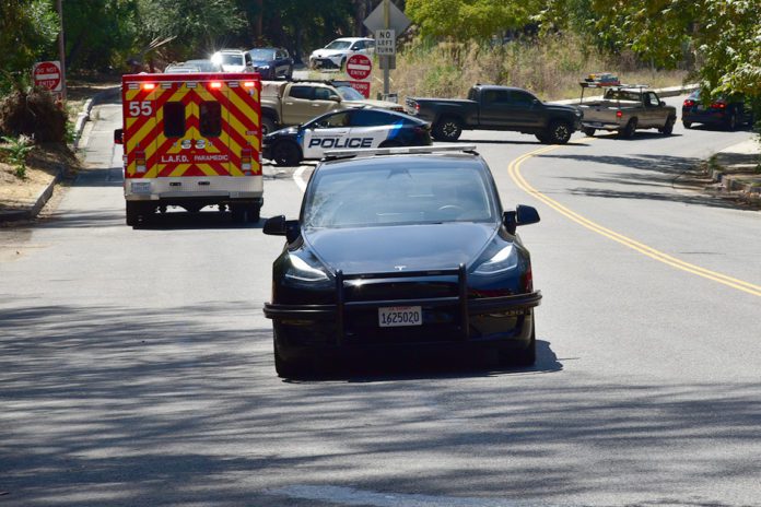 PHOTO: Steven Lawrence | The South Pasadenan News | Structure Fire at Arroyo Park on Marmion Way 1:30pm Sunday. South Pasadena Fire, Los Angeles Fire Departments on scene.