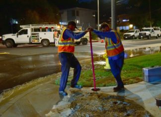 City Sewer Inspections Underway in South Pasadena PHOTO: Steven Lawrence | The South Pasadenan News | Major water main burst causes street flooding, and further raises concerns on aging infrastructure. Tens-of-thousnads of gallons of water lost down the drain.