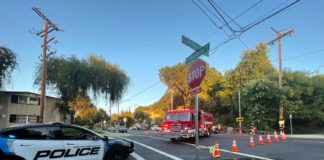 PHOTO: Steven Lawrence | The South Pasadenan News | Major water main burst causes street flooding, and further raises concerns on aging infrastructure. Tens-of-thousnads of gallons of water lost down the drain.