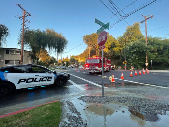 PHOTO: Steven Lawrence | The South Pasadenan News | Major water main burst causes street flooding, and further raises concerns on aging infrastructure. Tens-of-thousnads of gallons of water lost down the drain.