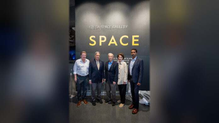 PHOTO: California Science Center | The South Pasadenan | From left, Dave Gallagher, JPL director and Caltech vice president; Jeffrey Rudolph, California Science Center president and CEO; Kent Kresa, vice chair and chair emeritus of the Caltech Board of Trustees; Lynn Booth, Caltech trustee; and Ray Jayawardhana, Caltech president, gather at the Kent Kresa Space Gallery at the California Science Center