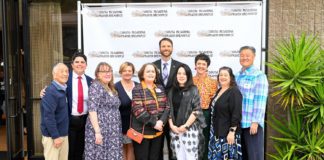PHOTO: J. Mike Kwok | The South Pasadenan | L-R South Pasadena Prayer Breakfast Committee: Bob Joe, Secretary Ashley Lynn Hengst, Dawn Ponnet, Kathryn Hutto, Laurie Astle, former chair Rev. Lincoln Skinner, Karen Kano, chair Nancy Norris, Treasurer Elizabeth Dever, vice chair Rev. Sam Park.