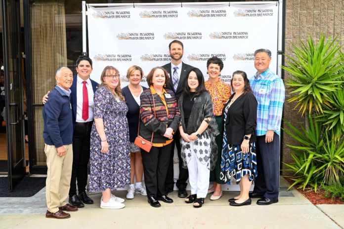 PHOTO: J. Mike Kwok | The South Pasadenan | L-R South Pasadena Prayer Breakfast Committee: Bob Joe, Secretary Ashley Lynn Hengst, Dawn Ponnet, Kathryn Hutto, Laurie Astle, former chair Rev. Lincoln Skinner, Karen Kano, chair Nancy Norris, Treasurer Elizabeth Dever, vice chair Rev. Sam Park.