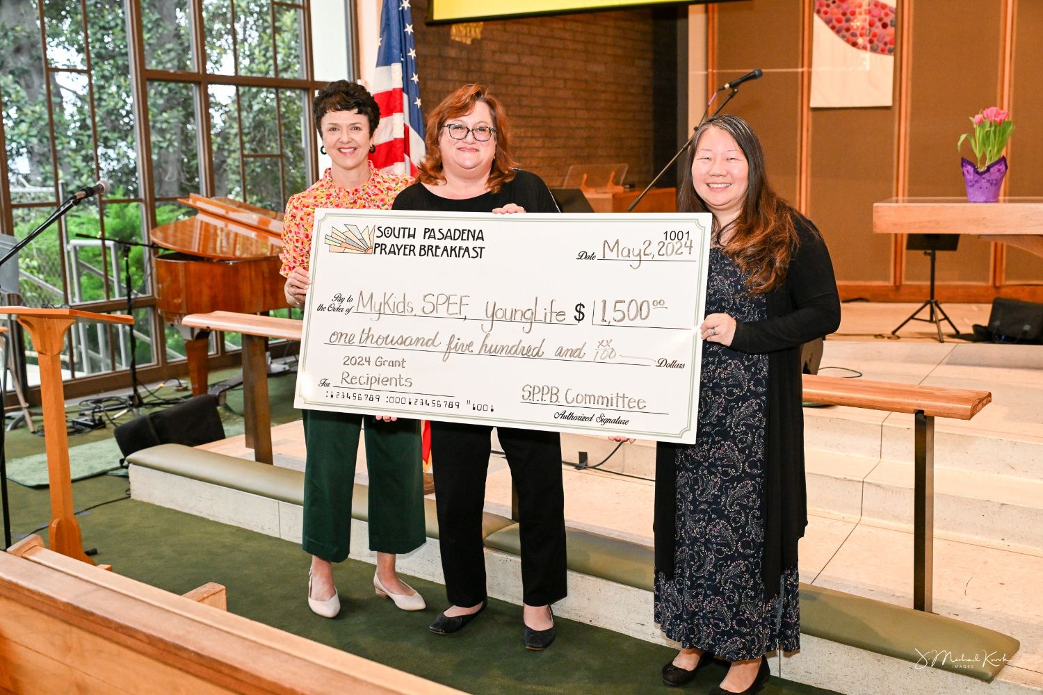 Mother's day south Pasadena | L-R SPPB Chair Nancy Norris, SPEF executive director Stacey Petersen, SPEF board member Grace Liu Kung as SPEF receives $1500 grant for SPHS and SPMS Wellness Centers.