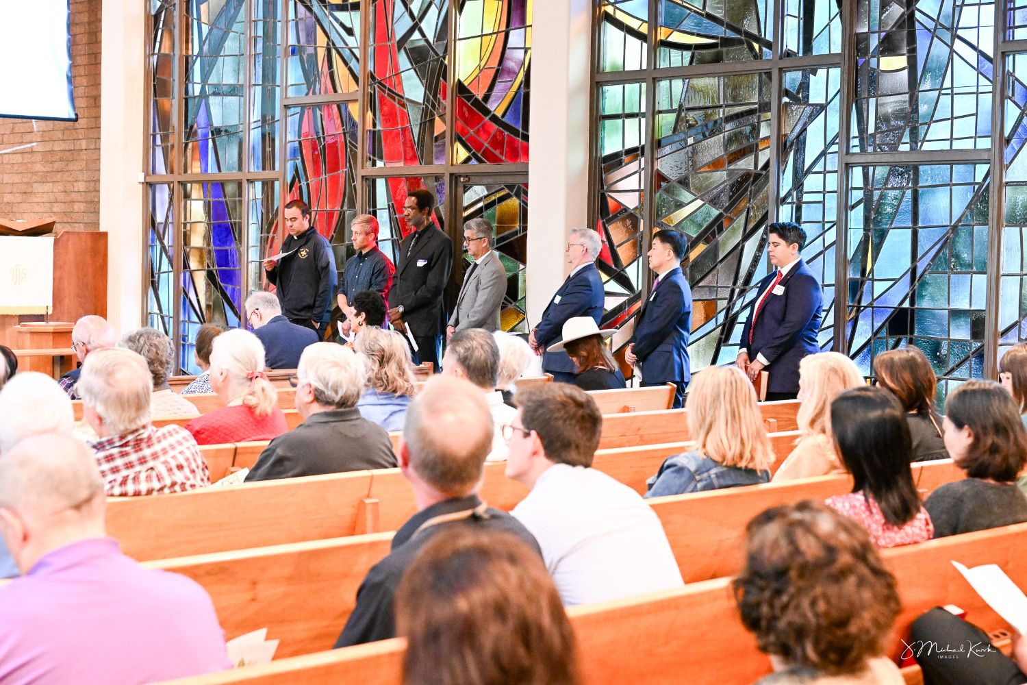 PHOTO: provided by Karen Kano | The South Pasadenan | L-R Prayer Leaders Father Ricky Viveros of Holy Family, Dr. Beau Wammack of Calvary Presbyterian, Rev. Dr. Darrell Haley of South Pasadena Christian, Rev. Dr. Gregory Kimura of St. James Episcopal, Bishop Scott Astle of South Pasadena Church of Jesus Christ of LDS, Rev. David Seo of Pasadena Lord’s Church, and Pastor Ashley Lynn Hengst of All Saints Episcopal.