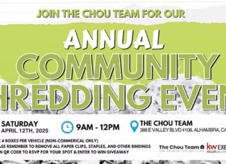 Mike Chou Real Estate and The Chou Team for their Annual Community Shredding Event on Saturday, April 12, 2025, from 9 am to 12 pm. This popular community event will be held at KW Executive – The Chou Team office, located at 388 E Valley Blvd, Unit 106, Alhambra, CA 91801.