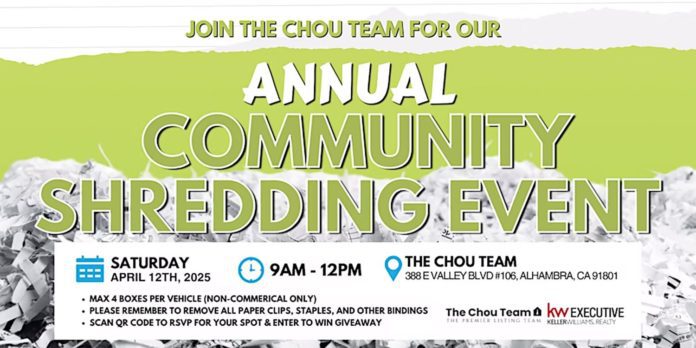 Mike Chou Real Estate and The Chou Team for their Annual Community Shredding Event on Saturday, April 12, 2025, from 9 am to 12 pm. This popular community event will be held at KW Executive – The Chou Team office, located at 388 E Valley Blvd, Unit 106, Alhambra, CA 91801.