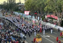 Pasadena Rose Parade Rings in New Year | 800,000 People Line the Streets for 2024 PHOTO: Bill Glazier | The South Pasadenan | The 345-member West Chester ‘Incomparable’ Golden Rams Marching Band, from West Chester, Pennsylvania provided lively sounds and color to the parade. artist Jordan Sparks closed out the two-hour parade with a three-song perfomance.