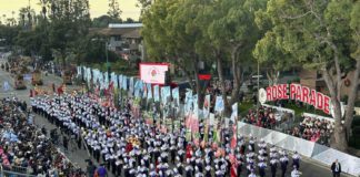 PHOTO: Bill Glazier | The South Pasadenan | The 345-member West Chester ‘Incomparable’ Golden Rams Marching Band, from West Chester, Pennsylvania provided lively sounds and color to the parade. artist Jordan Sparks closed out the two-hour parade with a three-song perfomance.