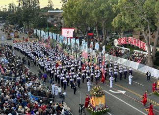Pasadena Rose Parade Rings in New Year | 800,000 People Line the Streets for 2024 PHOTO: Bill Glazier | The South Pasadenan | The 345-member West Chester ‘Incomparable’ Golden Rams Marching Band, from West Chester, Pennsylvania provided lively sounds and color to the parade. artist Jordan Sparks closed out the two-hour parade with a three-song perfomance.