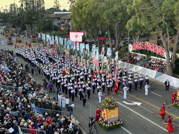 PHOTO: Bill Glazier | The South Pasadenan | The 345-member West Chester ‘Incomparable’ Golden Rams Marching Band, from West Chester, Pennsylvania provided lively sounds and color to the parade. artist Jordan Sparks closed out the two-hour parade with a three-song perfomance.