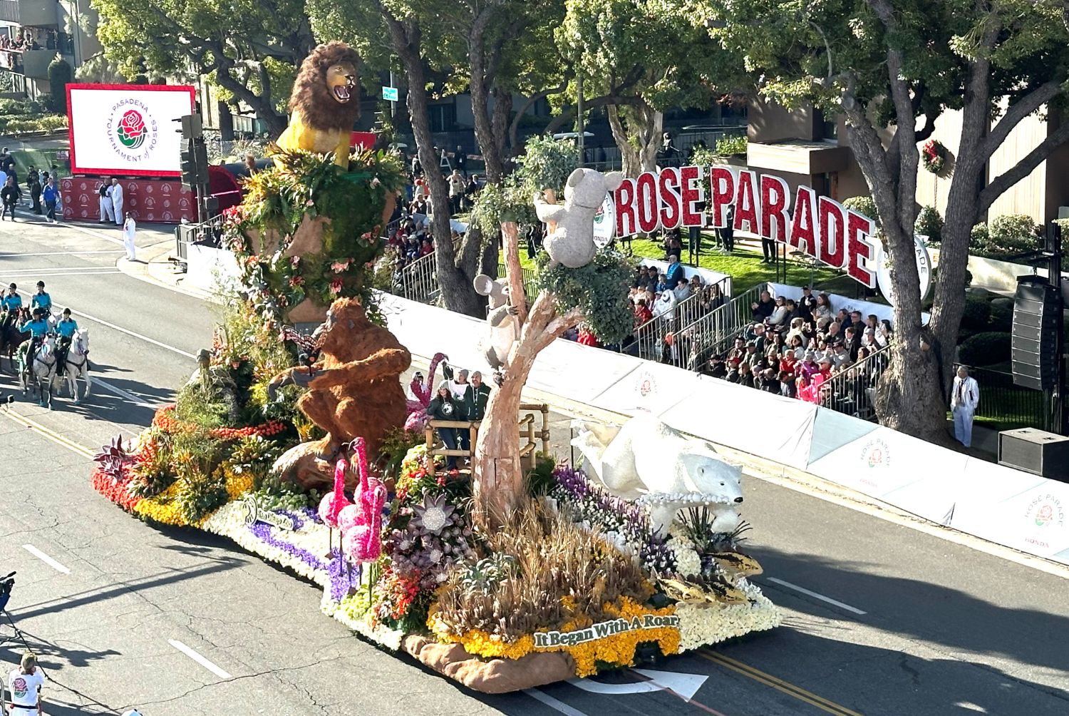 | The South Pasadenan | South Pasadena News PHOTO: Bill Glazier | The South Pasadenan | San Diego Zoo grabbed the most prestigious award, the Sweepstakes for “the most beautiful entry: encompassing float design, floral presentation and entertainment. Creatively, it’s float was, “It all Started with a Roar.”