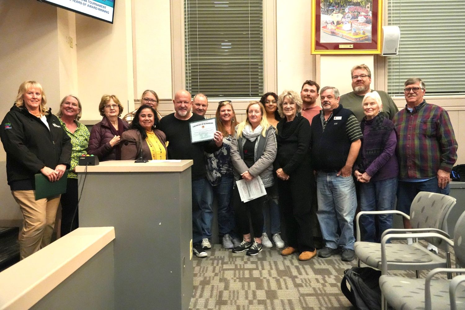 | The South Pasadenan | South Pasadena News PHOTO: Samantha Shiroishi | The South Pasadenan | South Pasadena Tournament of Roses Committee and volunteers gather for a photo inside the South Pasadena City Council Chambers following the high recognition from the city.