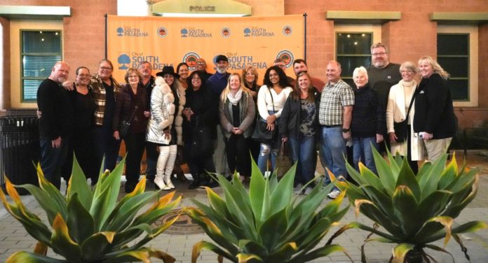PHOTO: Samantha Shiroishi | The South Pasadenan | Members of the Sylvers group gathered with volunteers who built and decorated South Pasadena’s float outside the South Pasadena City Council chambers.