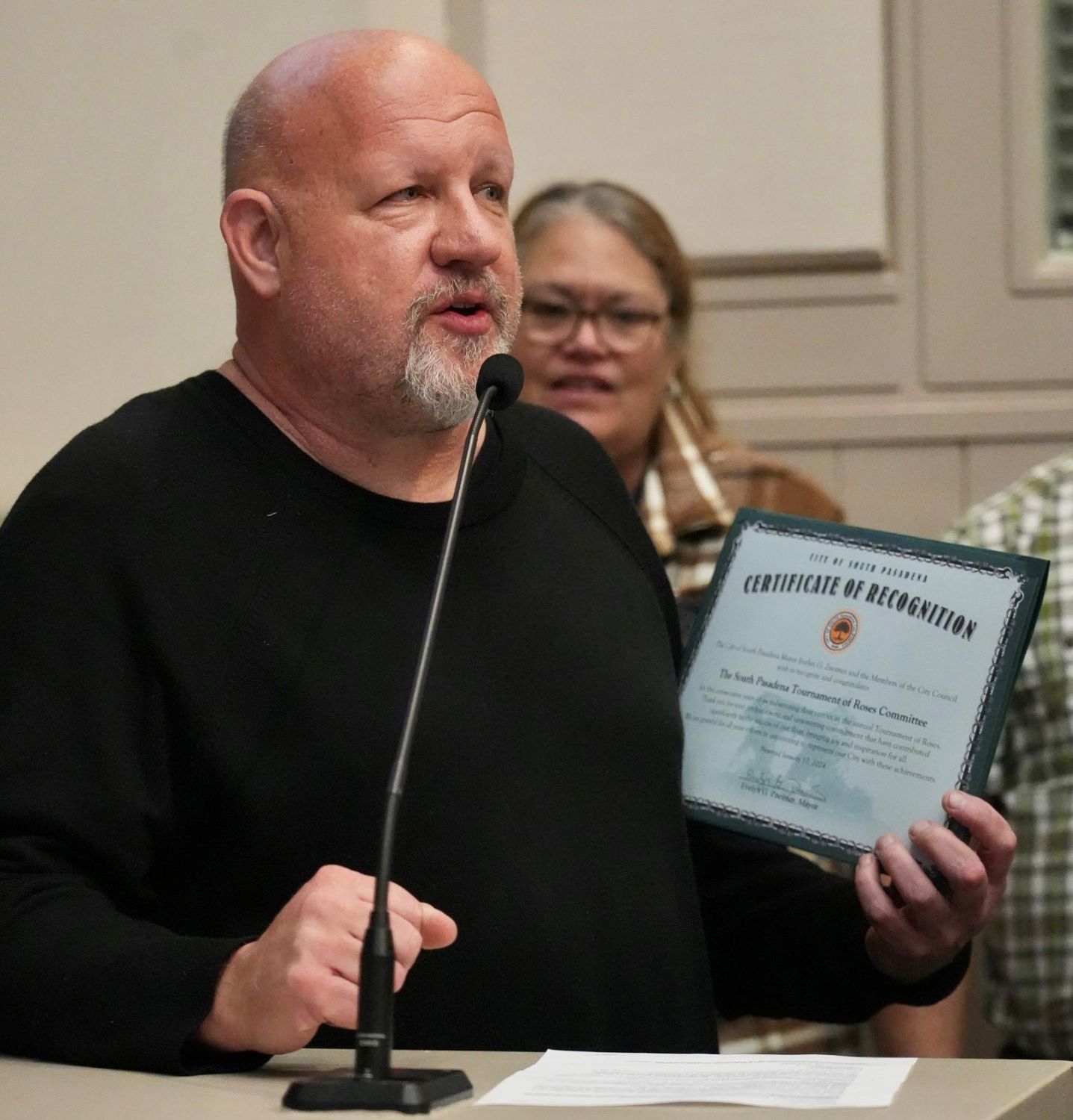 | The South Pasadenan | South Pasadena News PHOTO: Samantha Shiroishi | The South Pasadenan | After receiving the high honor, SPTOR President Ed Donnelly addresses audience members inside the South Pasadena City Council Chambers.