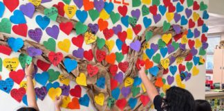 PHOTO: provided by Marengo Elementary School | The South Pasadenan | Marengo Elementary students add their acts of kindness to the school’s kindness tree in the main office.