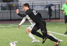 PHOTO: Henk Friezer | The South Pasadenan | Senior Sawyer Fox heads down the pitch. South Pasadena High fell to Chaminade 2-1 in a CIF Division 3 wildcard double overtime loss at home on Tuesday.