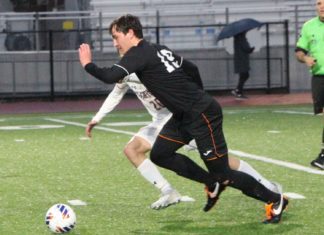 PHOTO: Henk Friezer | The South Pasadenan | Senior Sawyer Fox heads down the pitch. South Pasadena High fell to Chaminade 2-1 in a CIF Division 3 wildcard double overtime loss at home on Tuesday.