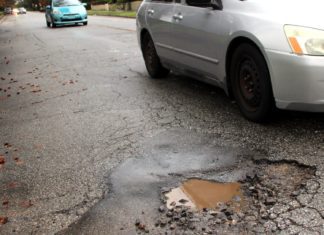 Street Improvement Projects Community Meeting | Sept. 8, 2025 PHOTO: Henk Friezer | The South Pasadenan | A pothole on Monterey and Marengo in South Pasadena.