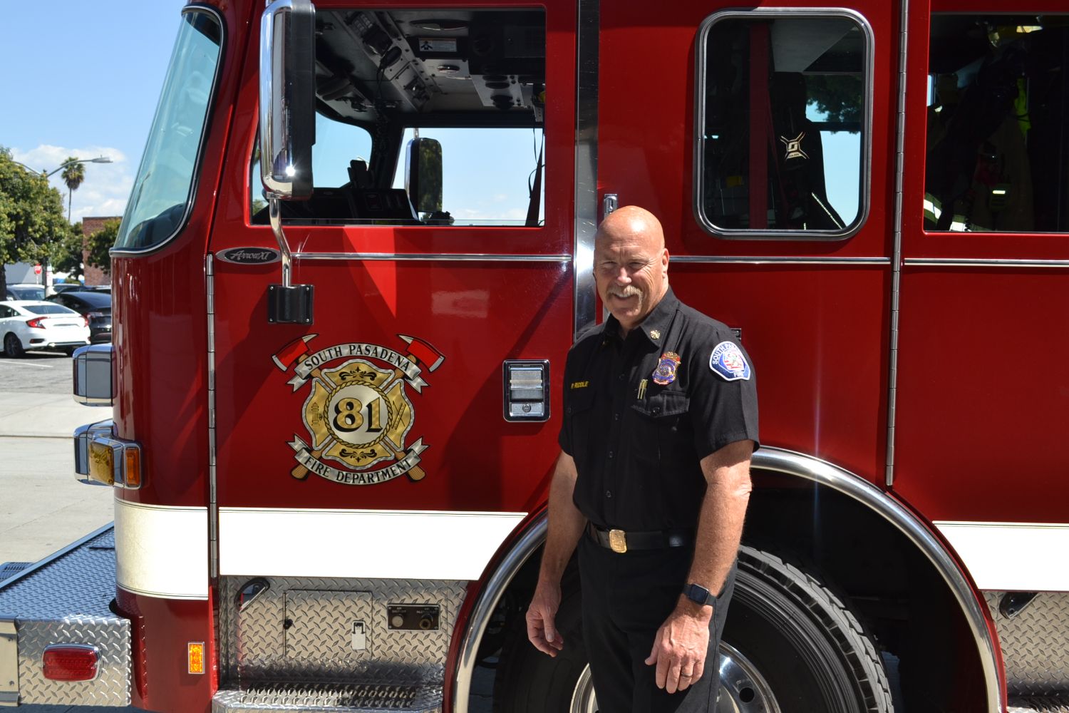 | The South Pasadenan | South Pasadena News PHOTO: Alisa Hayashida | The South Pasadenan | Fire Chief Paul Riddle with Engine 81 at the South Pasadena Firehouse.