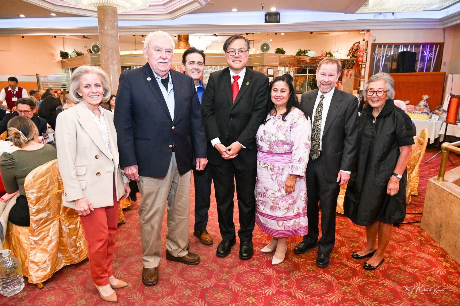 | The South Pasadenan | South Pasadena News PHOTO: J. Michael Kwok | The South Pasadenan | Officials pose for a photo at the SPCC Gala Chinese Banquet with Assemblymember Mike Fong, District 49, who represents South Pasadena. From L-R are Janet Braun, city councilmember; Jack Donovan, mayor pro tem; Michael Cacciotti, city councilmember; Fong; Evelyn Zneimer, mayor; Jon Primuth, city councilmember; and Carol Liu, state senator, SD 25, retired.