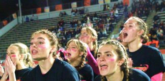 PHOTO: Henk Friezer | The South Pasadenan | Players getting into the action at the 2024 SPHS PowerPuff game that pits juniors against seniors.