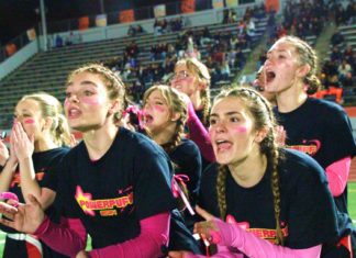 PHOTO: Henk Friezer | The South Pasadenan | Players getting into the action at the 2024 SPHS PowerPuff game that pits juniors against seniors.