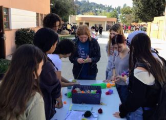SPHS Peer Mediators Share Student Self-Care Reminders PHOTO: provided by South Pasadena Unified School District | The South Pasadenan | The SPHS Peer Mediators hosted a pom pom making craft during lunch at the high school.