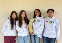 PHOTO: provided by South Pasadena High School | The South Pasadenan | From left: Doreen Hu, Kayla Johnson, Isha Zafra, and Ryan Wong make up the Virtual Enterprise Branding team for Wags that won first place in California.