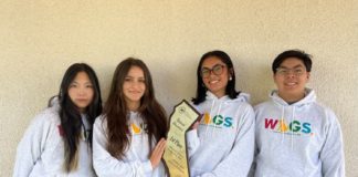 PHOTO: provided by South Pasadena High School | The South Pasadenan | From left: Doreen Hu, Kayla Johnson, Isha Zafra, and Ryan Wong make up the Virtual Enterprise Branding team for Wags that won first place in California.