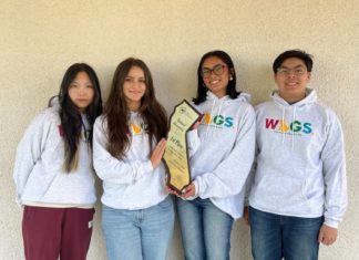 SPHS Varsity Virtual Enterprise Branding Team Takes First Place in California PHOTO: provided by South Pasadena High School | The South Pasadenan | From left: Doreen Hu, Kayla Johnson, Isha Zafra, and Ryan Wong make up the Virtual Enterprise Branding team for Wags that won first place in California.