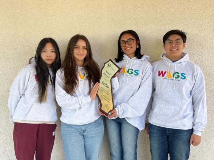 PHOTO: provided by South Pasadena High School | The South Pasadenan | From left: Doreen Hu, Kayla Johnson, Isha Zafra, and Ryan Wong make up the Virtual Enterprise Branding team for Wags that won first place in California.