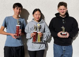 SPHS Speech and Debate Team Members Qualify for State Competition PHOTO: provided by Chris Herrin | The South Pasadenan | From left to right: Emilio Lois, Paige Tang, and Sam Whitman display their 2024 Speech and Debate awards.