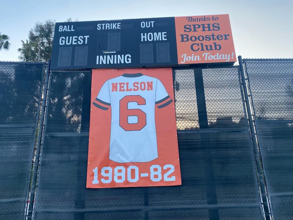 | The South Pasadenan | South Pasadena News PHOTO: CB Richards | The South Pasadenan | Rob Nelson was honored this week, as his number 6 was unveiled in centerfield at South Pasadena High’s baseball field. Nelson was a three-year starter at first base for South Pasadena High from 1980-82 who later went on to play major League Baseball. He was joined by family, friends and players from both South Pasadena and Temple City High, where he serves as the team’s head coach.