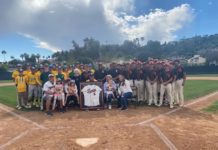 PHOTO: CB Richards | The South Pasadenan | Rob Nelson was honored this week, as his number 6 was unveiled in centerfield at South Pasadena High’s baseball field. Nelson was a three-year starter at first base for South Pasadena High from 1980-82 who later went on to play major League Baseball. He was joined by family, friends and players from both South Pasadena and Temple City High, where he serves as the team’s head coach.