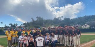 PHOTO: CB Richards | The South Pasadenan | Rob Nelson was honored this week, as his number 6 was unveiled in centerfield at South Pasadena High’s baseball field. Nelson was a three-year starter at first base for South Pasadena High from 1980-82 who later went on to play major League Baseball. He was joined by family, friends and players from both South Pasadena and Temple City High, where he serves as the team’s head coach.
