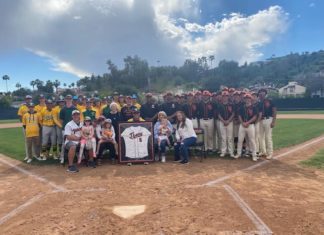 PHOTO: CB Richards | The South Pasadenan | Rob Nelson was honored this week, as his number 6 was unveiled in centerfield at South Pasadena High’s baseball field. Nelson was a three-year starter at first base for South Pasadena High from 1980-82 who later went on to play major League Baseball. He was joined by family, friends and players from both South Pasadena and Temple City High, where he serves as the team’s head coach.