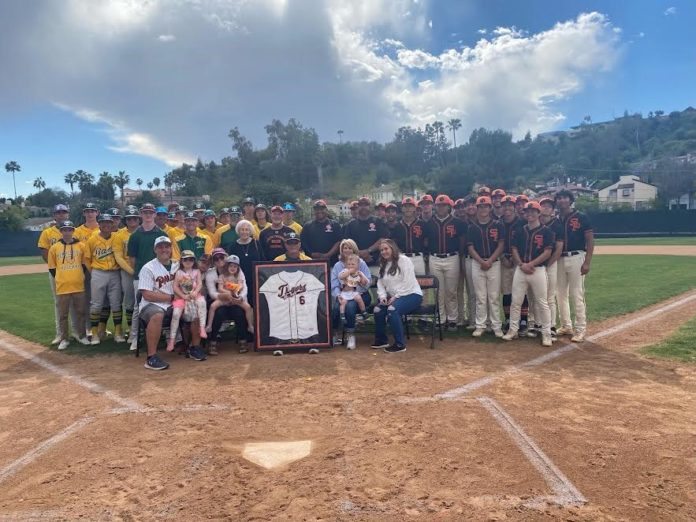 PHOTO: CB Richards | The South Pasadenan | Rob Nelson was honored this week, as his number 6 was unveiled in centerfield at South Pasadena High’s baseball field. Nelson was a three-year starter at first base for South Pasadena High from 1980-82 who later went on to play major League Baseball. He was joined by family, friends and players from both South Pasadena and Temple City High, where he serves as the team’s head coach.