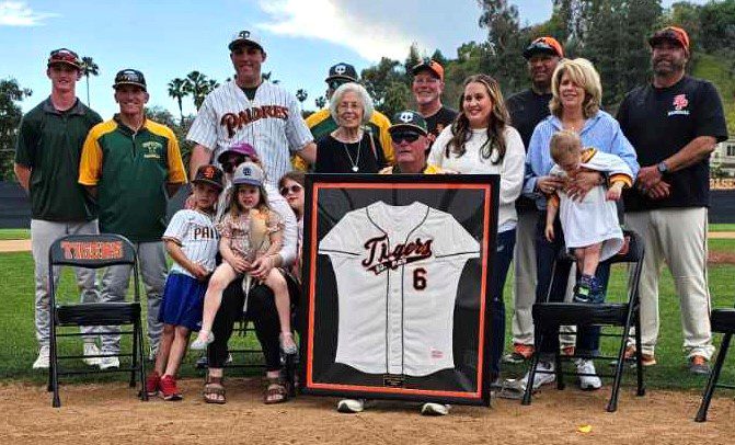 | The South Pasadenan | South Pasadena News PHOTO: John Seevers | The South Pasadenan | Rob Nelson was honored this week, as his number 6 was unveiled in centerfield at South Pasadena High’s baseball field. Nelson was a three-year starter at first base for South Pasadena High from 1980-82 who later went on to play major League Baseball. He was joined by family, friends and players from both South Pasadena and Temple City High, where he serves as the team’s head coach.