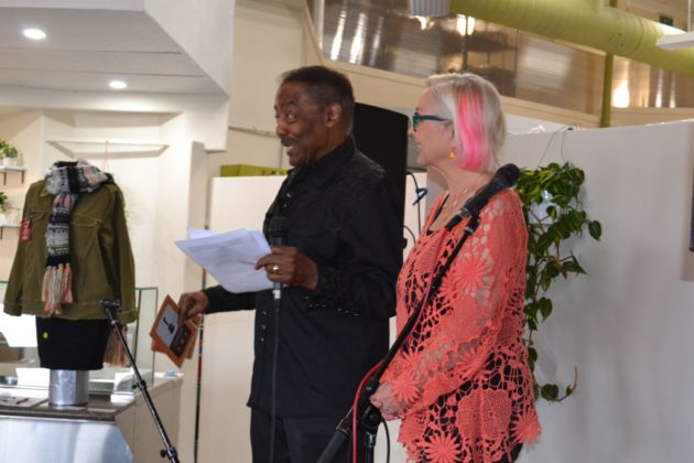 PHOTO: Alisa Hayashida | The South Pasadenan | James and Lissa Reynolds present the Creative Community Award to Gloria Bennett.