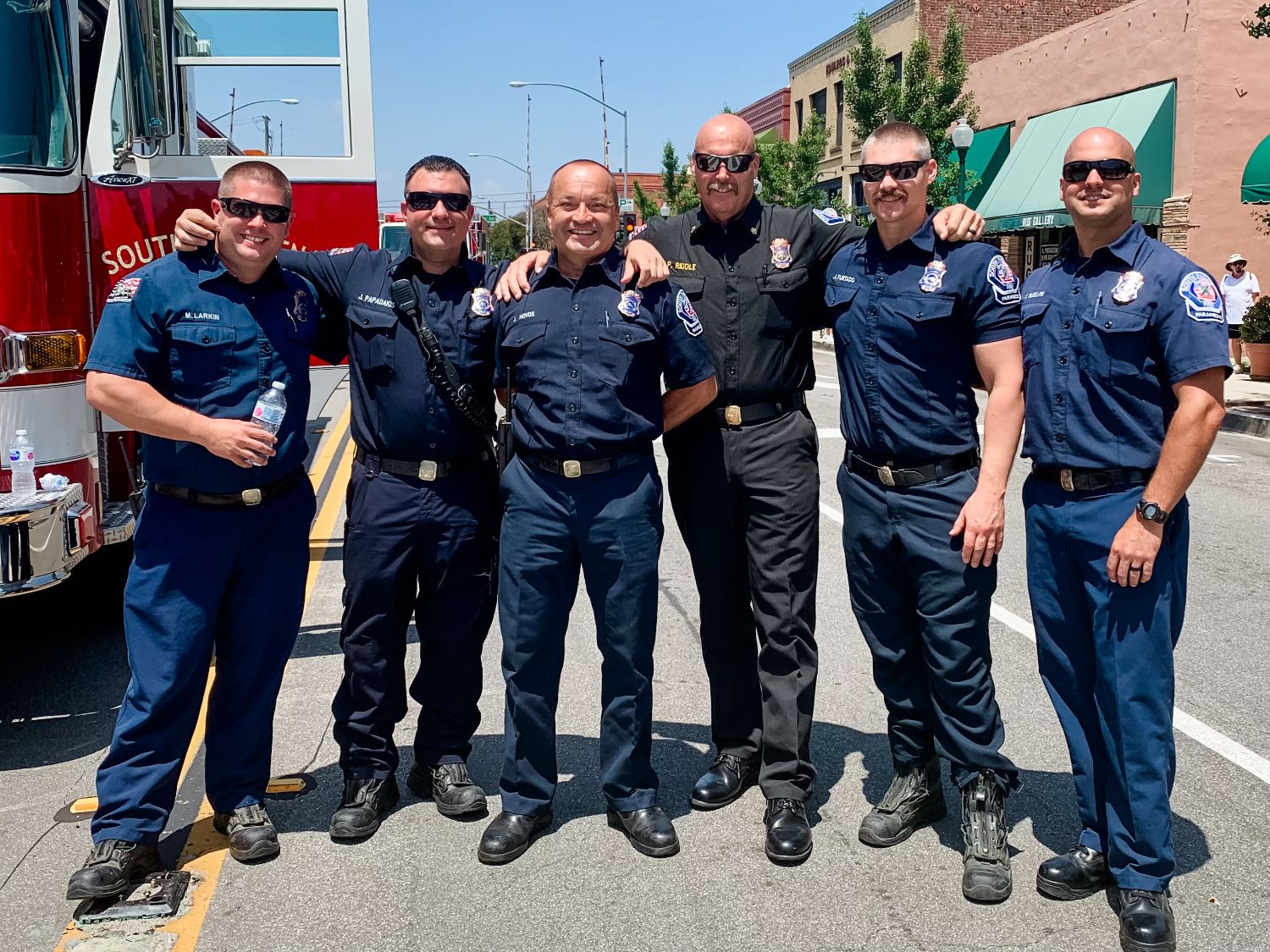 | The South Pasadenan | South Pasadena News PHOTO: provided by Paul Riddle | The South Pasadenan | L-R South Pasadena Firefighters Mike Larkin, John Papadakis, George Hoyos, Chief Paul Riddle, Justin Furtado, and Scott McLellan at South Pasadena's 4th of July parade 2023.